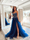 Blue Beaded Lace Prom Dresses with Slit Spaghetti Strap Sheer Bodice FD3968-prom dresses-Viniodress-Viniodress