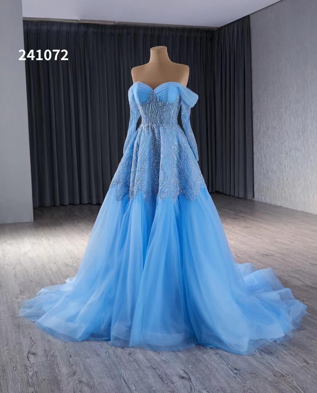 Blue Beaded Lace Wedding Dress Long Sleeve Off the Shoulder Quince Dress 241072-Quinceanera Dresses 2025 -Viniodress-Blue-Custom Size-