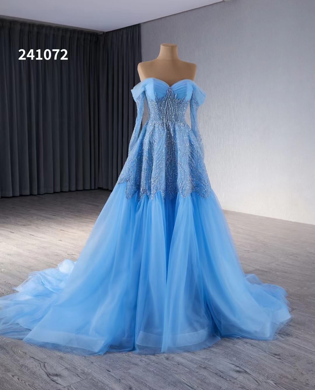 Blue Beaded Lace Wedding Dress Long Sleeve Off the Shoulder Quince Dress 241072-Quinceanera Dresses 2025 -Viniodress-Blue-Custom Size-