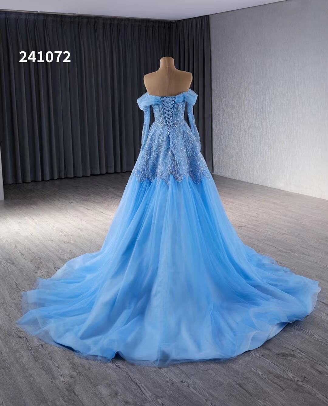 Blue Beaded Lace Wedding Dress Long Sleeve Off the Shoulder Quince Dress 241072-Quinceanera Dresses-Viniodress-Viniodress