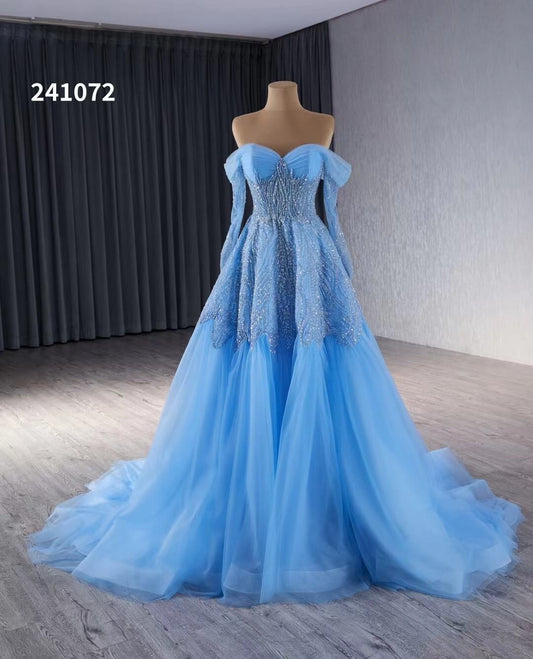 Blue Beaded Lace Wedding Dress Long Sleeve Off the Shoulder Quince Dress 241072 - ViniodressQuinceanera DressesBlueCustom Size - Formal Dresses - Ball Gowns