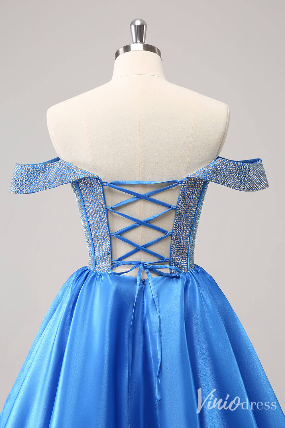 Blue Beaded Off the Shoulder Homecoming Dresses A Line Satin Back to School Dress S24012-prom dresses 2025 -Viniodress-Blue-Custom Size-