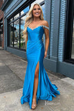 Blue Beaded Off the Shoulder Prom Dresses with Slit Mermaid Satin Evening Dress FD4050-prom dresses-Viniodress-Viniodress