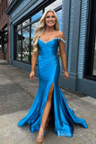 Blue Beaded Off the Shoulder Prom Dresses with Slit Mermaid Satin Evening Dress FD4050