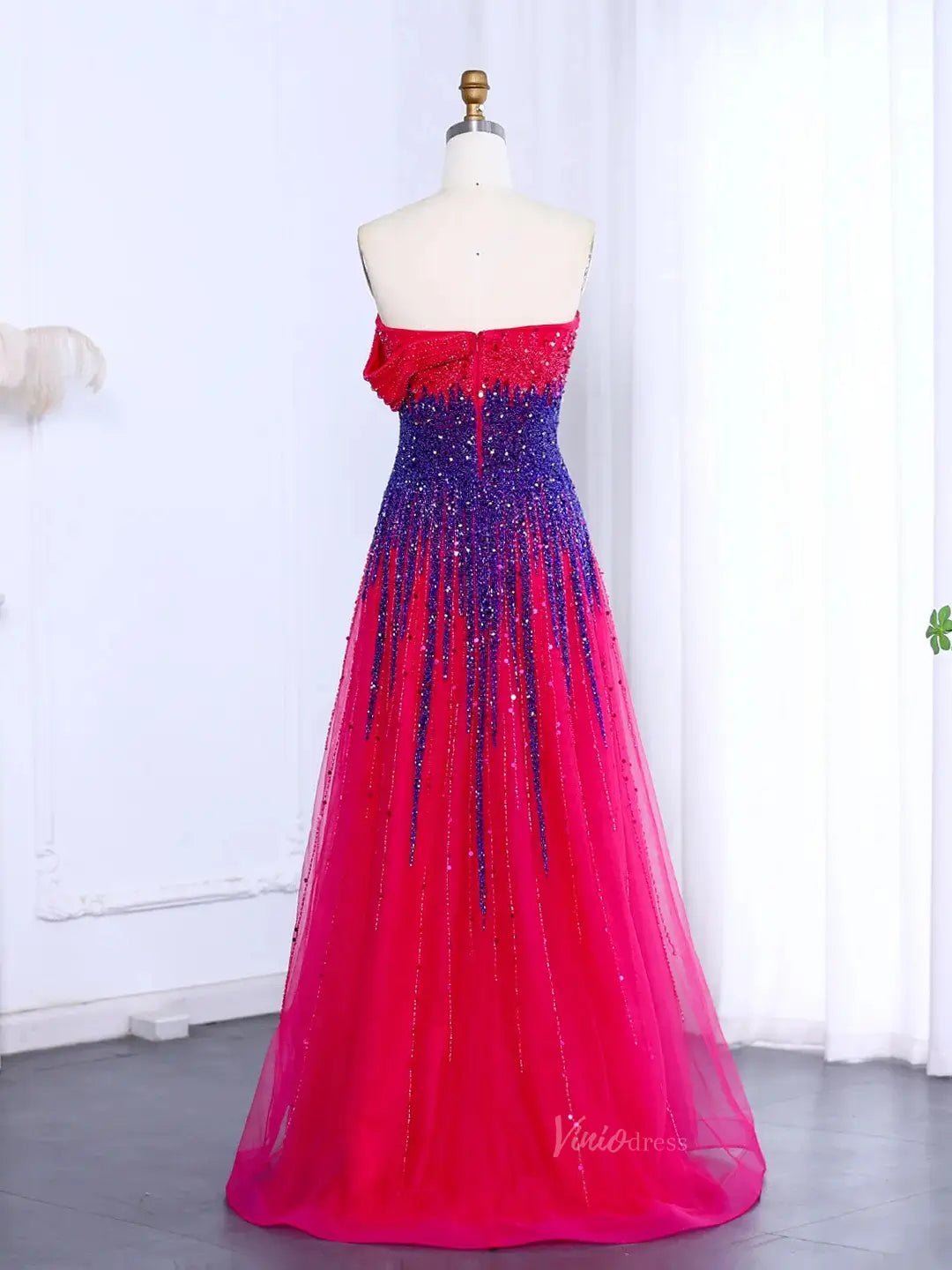 Blue Beaded Prom Dresses Off the Shoulder A-line Formal Dresses BD004-Evening Dresses 2025 -Viniodress-Fuchsia-US 2-