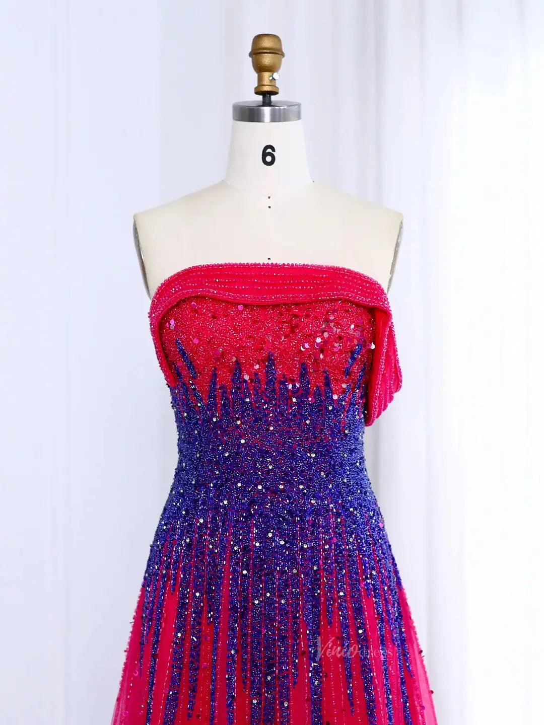 Blue Beaded Prom Dresses Off the Shoulder A-line Formal Dresses BD004-Evening Dresses 2025 -Viniodress-Fuchsia-US 2-