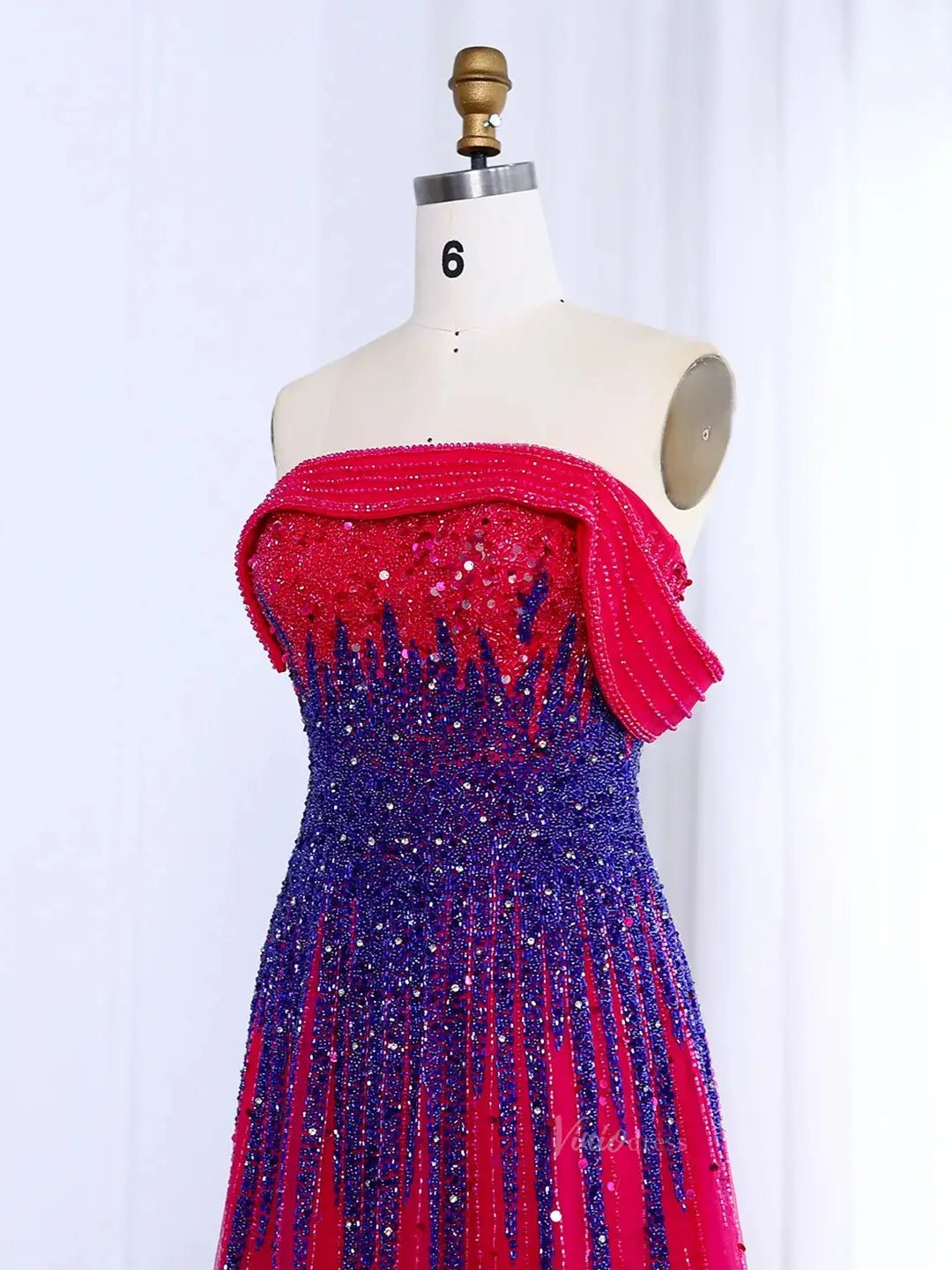 Blue Beaded Prom Dresses Off the Shoulder A-line Formal Dresses BD004-Evening Dresses 2025 -Viniodress-Fuchsia-US 2-