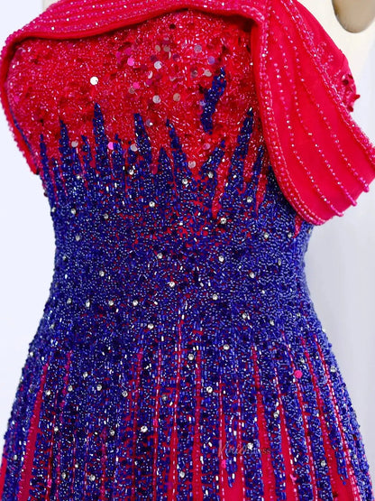 Blue Beaded Prom Dresses Off the Shoulder A-line Formal Dresses BD004-Evening Dresses 2025 -Viniodress-Fuchsia-US 2-