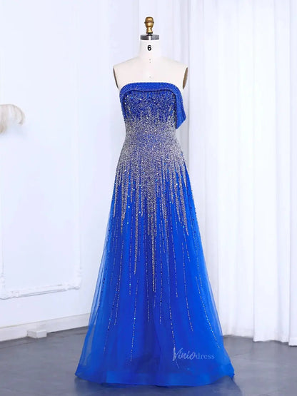 Blue Beaded Prom Dresses Off the Shoulder A-line Formal Dresses BD004-Evening Dresses 2025 -Viniodress-Blue-US 2-