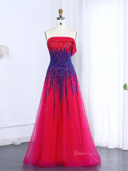 Blue Beaded Prom Dresses Off the Shoulder A-line Formal Dresses BD004-Evening Dresses 2025 -Viniodress-Fuchsia-US 2-