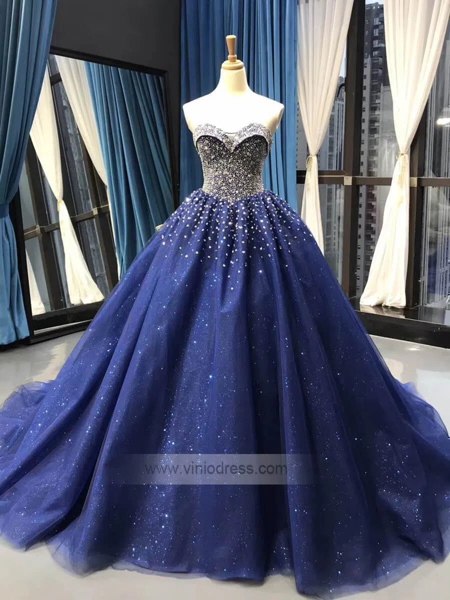 Blue Beaded Wedding Dresses Sparkly Rhinestone Quinceanera Dress 66818 viniodress-prom dresses 2025 -Viniodress-Blue-Custom Size-