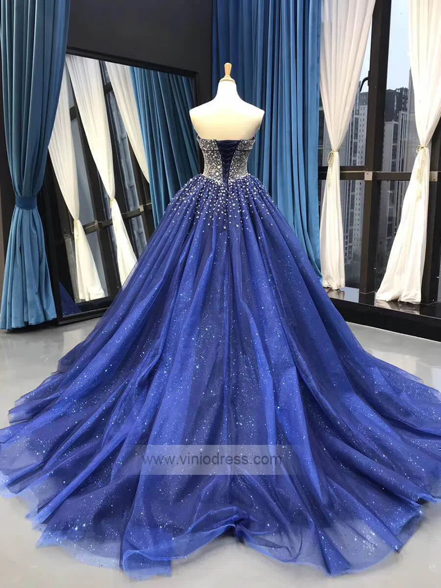 Blue Beaded Wedding Dresses Sparkly Rhinestone Quinceanera Dress 66818 viniodress-prom dresses 2025 -Viniodress-Blue-Custom Size-