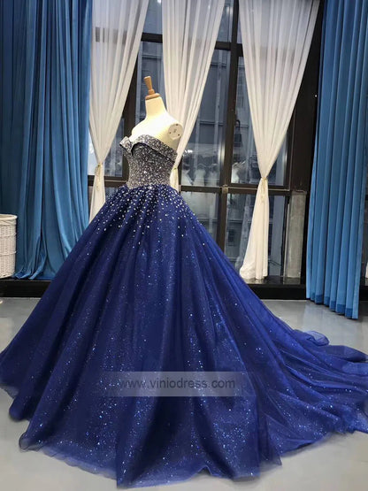 Blue Beaded Wedding Dresses Sparkly Rhinestone Quinceanera Dress 66818 viniodress-prom dresses 2025 -Viniodress-Blue-Custom Size-