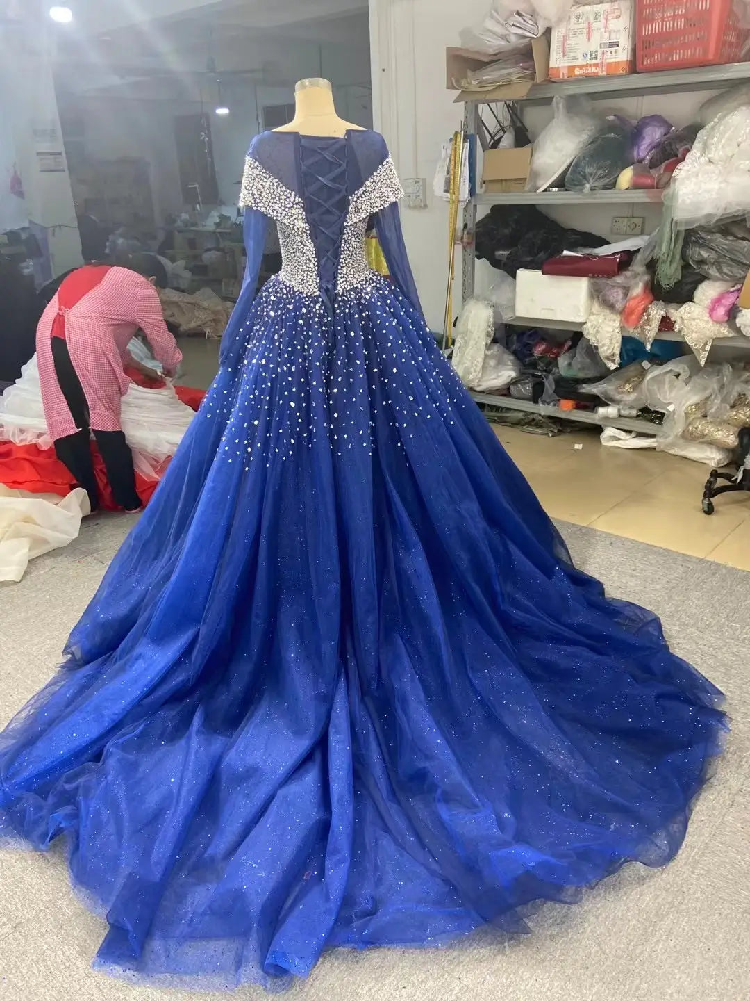 prom dresses 2025 Blue Beaded Wedding Dresses Sparkly Rhinestone Quinceanera Dress 66818 viniodress-plus size wedding dresses Viniodress-Blue-Custom Size-