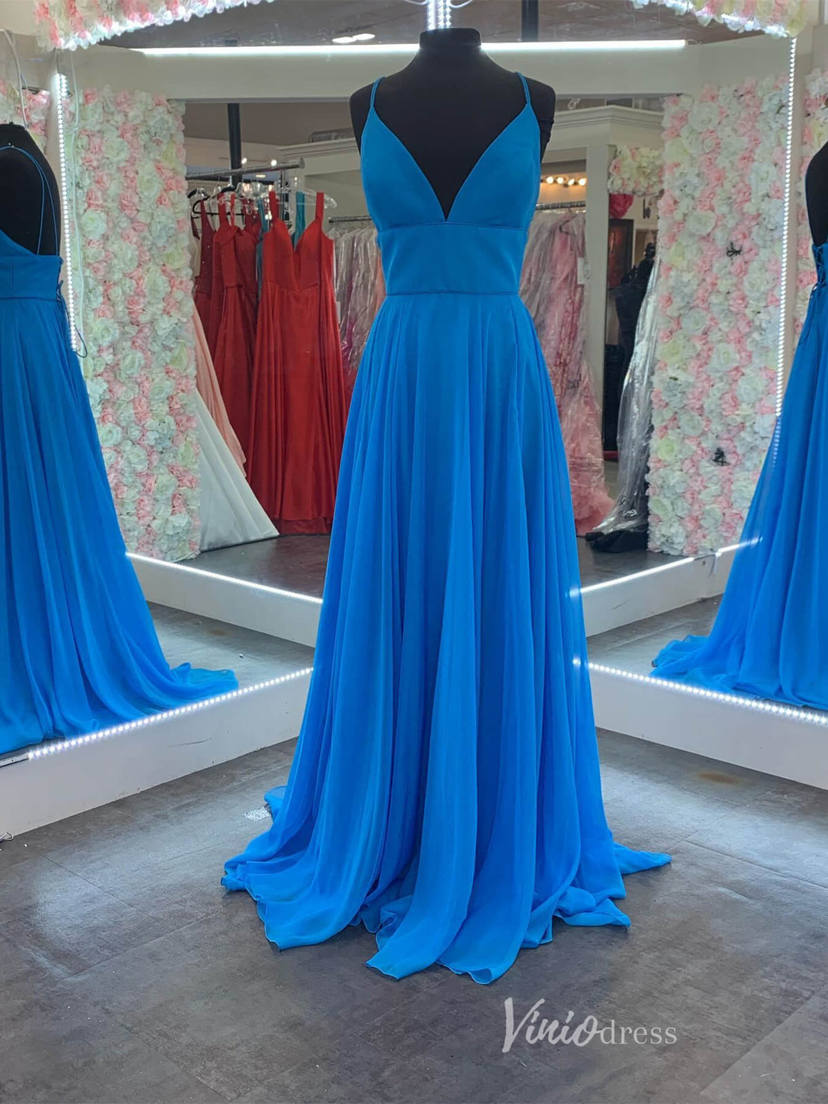 Blue Chiffon Cheap Prom Dresses Satin Bodice Spaghetti Strap FD4001-prom dresses-Viniodress-Blue-Custom Size-Viniodress