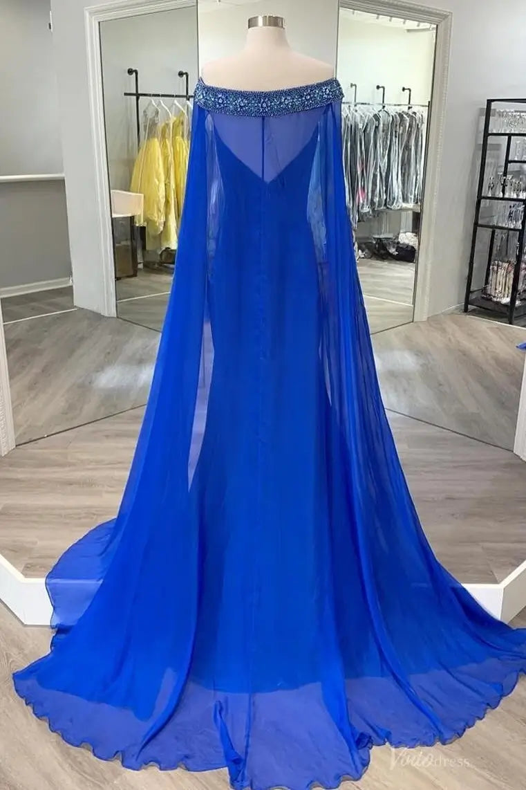 Blue Chiffon Pageant Gown with Deep V Neck, Beaded Off-Shoulder Cape Sleeves & Flowing Train – PG013-Pageant Dress 2026-Viniodress-Blue-Custom Size-
