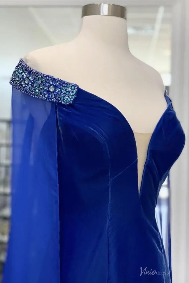 Blue Chiffon Pageant Gown with Deep V Neck, Beaded Off-Shoulder Cape Sleeves & Flowing Train – PG013-Pageant Dress 2026-Viniodress-Blue-Custom Size-