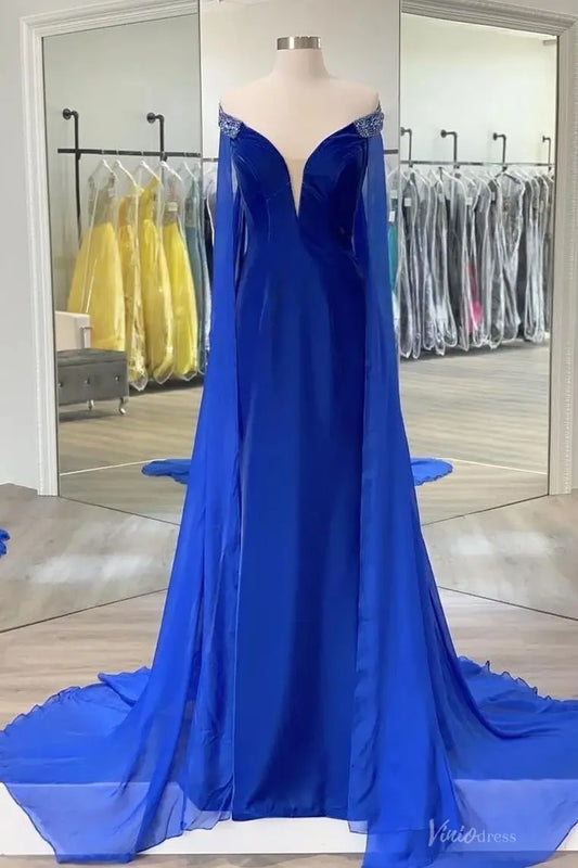 Blue Chiffon Pageant Gown with Deep V Neck, Beaded Off-Shoulder Cape Sleeves & Flowing Train – PG013