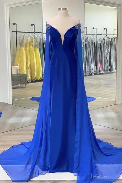 Blue Chiffon Pageant Gown with Deep V Neck, Beaded Off-Shoulder Cape Sleeves & Flowing Train – PG013