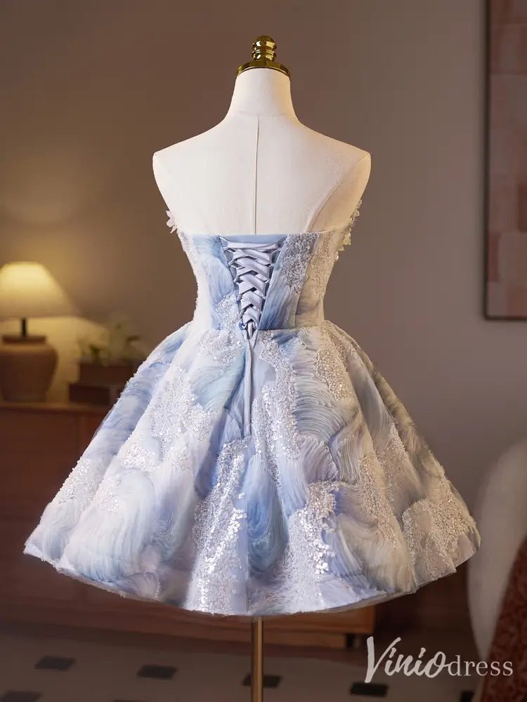 Blue Floral Appliqué Strapless A-Line Hoco Dress BJ069 – 3D Flowers & Textured Fabric-prom dresses 2025 -Viniodress-Blue-Custom Size-