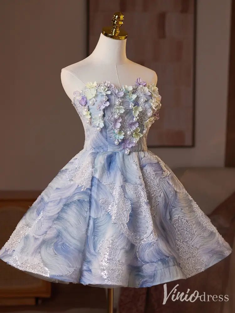 Blue Floral Appliqué Strapless A-Line Hoco Dress BJ069 – 3D Flowers & Textured Fabric-prom dresses 2025 -Viniodress-Blue-Custom Size-