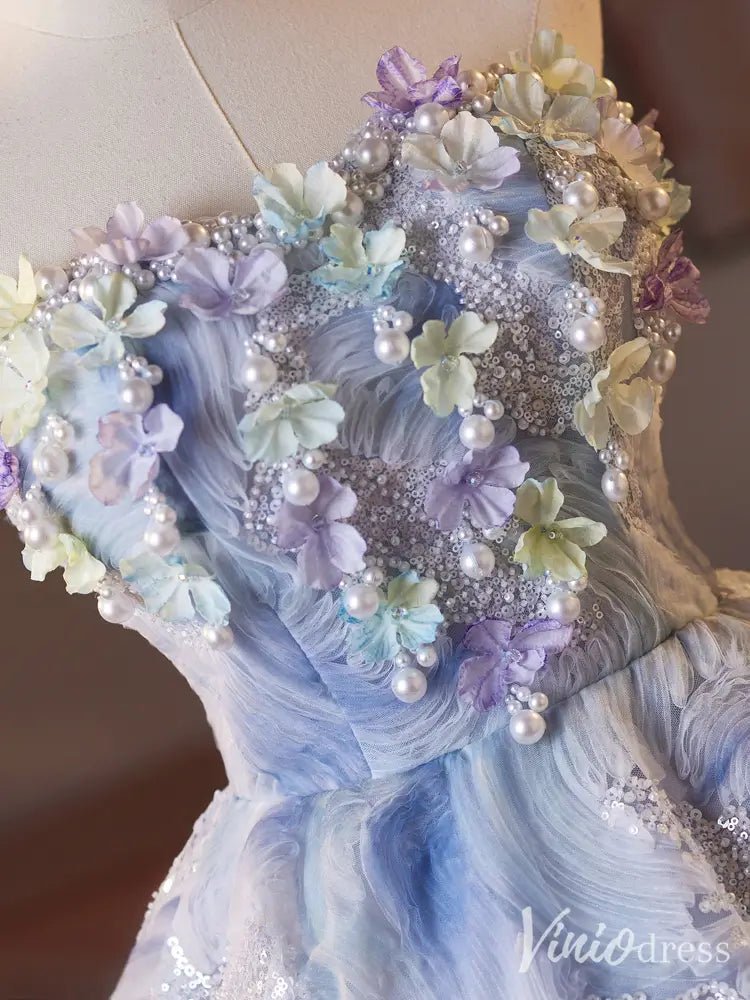 Blue Floral Appliqué Strapless A-Line Hoco Dress BJ069 – 3D Flowers & Textured Fabric-prom dresses 2025 -Viniodress-Blue-Custom Size-