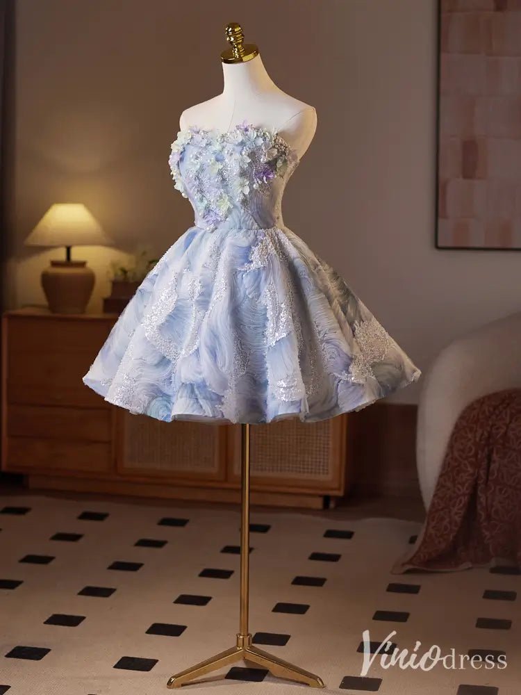 Blue Floral Appliqué Strapless A-Line Hoco Dress BJ069 – 3D Flowers & Textured Fabric-prom dresses 2025 -Viniodress-Blue-Custom Size-