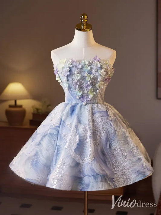 Blue Floral Appliqué Strapless A-Line Hoco Dress BJ069 – 3D Flowers & Textured Fabric-prom dresses 2025 -Viniodress-Blue-Custom Size-