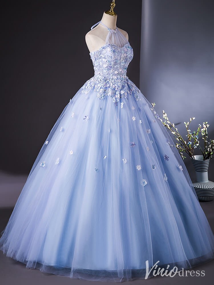 Blue Floral Lace Applique Quinceanera Dresses Halter Neck Ball Gown AD1388-prom dresses 2025 -Viniodress-Blue-Custom Size-