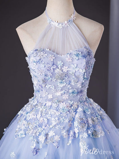 Blue Floral Lace Applique Quinceanera Dresses Halter Neck Ball Gown AD1388-prom dresses 2025 -Viniodress-Blue-Custom Size-