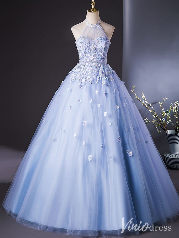 Blue Floral Lace Applique Quinceanera Dresses Halter Neck Ball Gown AD1388-prom dresses 2025 -Viniodress-Blue-Custom Size-