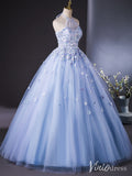 Blue Floral Lace Applique Quinceanera Dresses Halter Neck Ball Gown AD1388-prom dresses-Viniodress-Viniodress