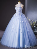 Blue Floral Lace Applique Quinceanera Dresses Halter Neck Ball Gown AD1388-prom dresses-Viniodress-Viniodress