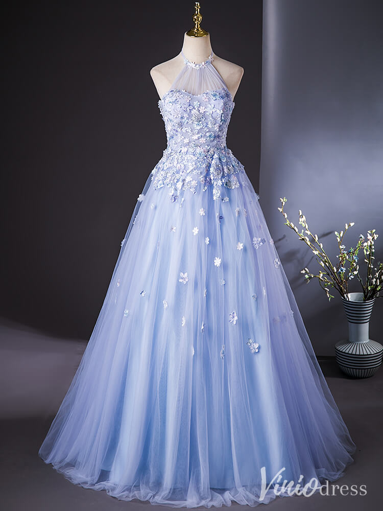 Blue Floral Lace Applique Quinceanera Dresses Halter Neck Ball Gown AD1388-prom dresses-Viniodress-Viniodress