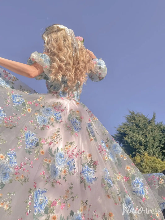 Blue Floral Off-Shoulder Homecoming Dress with Puff Sleeves, Sheer Boned Bodice – SD1722-prom dresses 2025 -Viniodress-Blue-Custom Size-