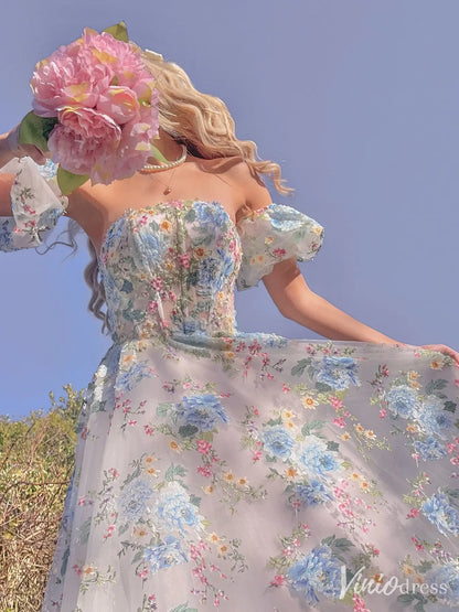 Blue Floral Off-Shoulder Homecoming Dress with Puff Sleeves, Sheer Boned Bodice – SD1722-prom dresses 2025 -Viniodress-Blue-Custom Size-