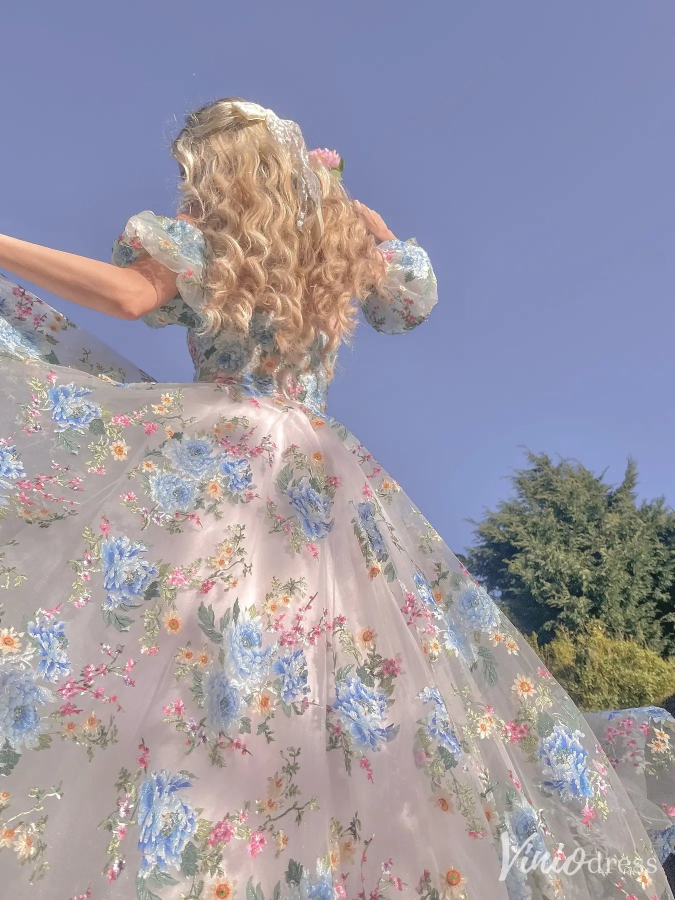 Blue Floral Off-Shoulder Homecoming Dress with Puff Sleeves, Sheer Boned Bodice – SD1722-prom dresses 2025 -Viniodress-Blue-Custom Size-