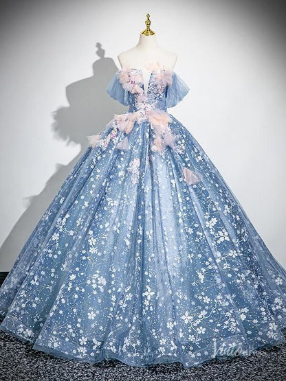 Blue Floral Off the Shoulder Prom Ball Gown Lace Applique Quinceanera Dresses BG036-prom dresses 2025 -Viniodress-Blue-Custom Size-