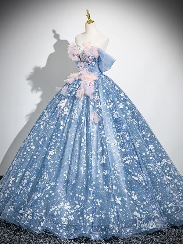 Prom Dress 2025 Blue Floral Off the Shoulder Prom Ball Gown Lace Applique Quinceanera Dresses BG036-unique prom dresses-Blue-Custom Size-Viniodress