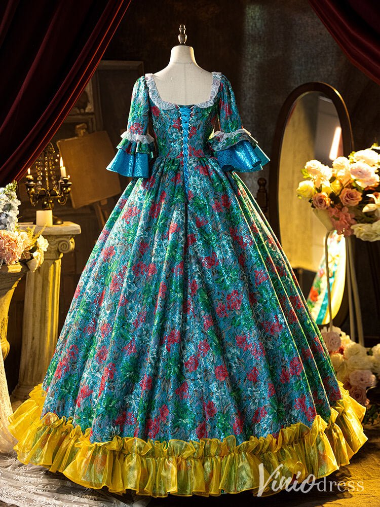 Blue Floral Print Bow Tie Vintage Ball Gown Lacy Puffed Sleeve Quinceanera Dress AD1310-Quinceanera Dresses 2025 -Viniodress-Blue-Custom Size-