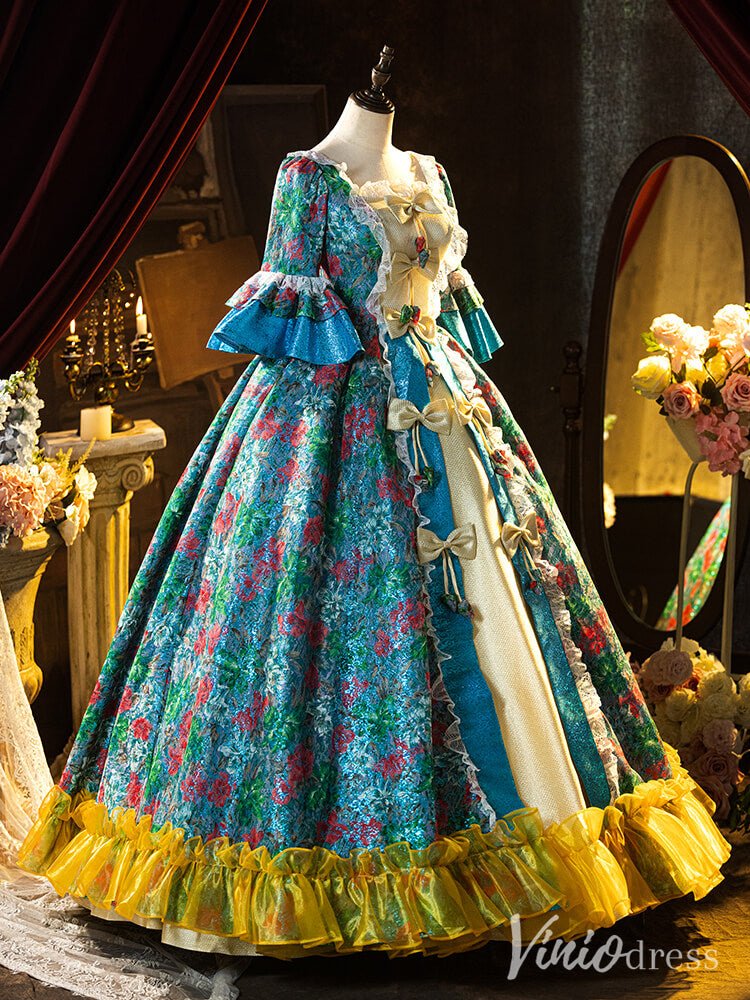 Blue Floral Print Bow Tie Vintage Ball Gown Lacy Puffed Sleeve Quinceanera Dress AD1310-Quinceanera Dresses 2025 -Viniodress-Blue-Custom Size-