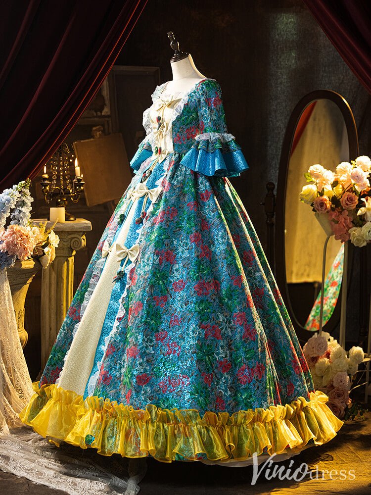 Blue Floral Print Bow Tie Vintage Ball Gown Lacy Puffed Sleeve Quinceanera Dress AD1310-Quinceanera Dresses 2025 -Viniodress-Blue-Custom Size-