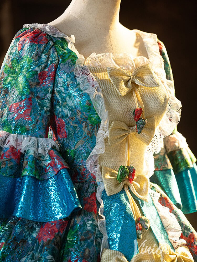 Blue Floral Print Bow Tie Vintage Ball Gown Lacy Puffed Sleeve Quinceanera Dress AD1310-Quinceanera Dresses 2025 -Viniodress-Blue-Custom Size-