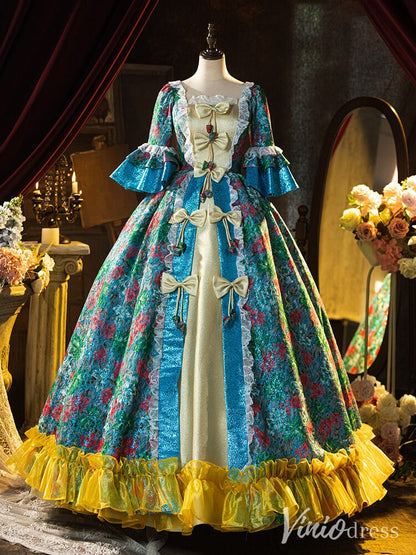 Blue Floral Print Bow Tie Vintage Ball Gown Lacy Puffed Sleeve Quinceanera Dress AD1310-Quinceanera Dresses 2025 -Viniodress-Blue-Custom Size-