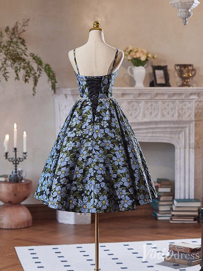 Blue Floral Print Homecoming Dress Spaghetti Strap Back to School Dress 8006-prom dresses 2025 -Viniodress-Blue-Custom Size-