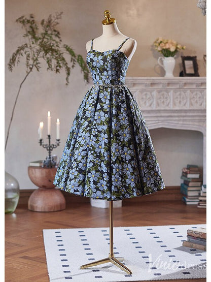 Blue Floral Print Homecoming Dress Spaghetti Strap Back to School Dress 8006-prom dresses 2025 -Viniodress-Blue-Custom Size-