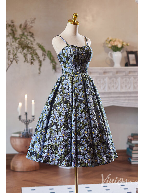 Blue Floral Print Homecoming Dress Spaghetti Strap Back to School Dress 8006-prom dresses-Viniodress-Viniodress