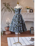 Blue Floral Print Homecoming Dress Spaghetti Strap Back to School Dress 8006-prom dresses-Viniodress-Viniodress