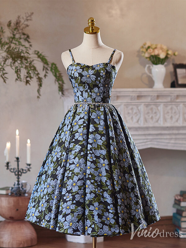 Blue Floral Print Homecoming Dress Spaghetti Strap Back to School Dress 8006-prom dresses-Viniodress-Blue-Custom Size-Viniodress