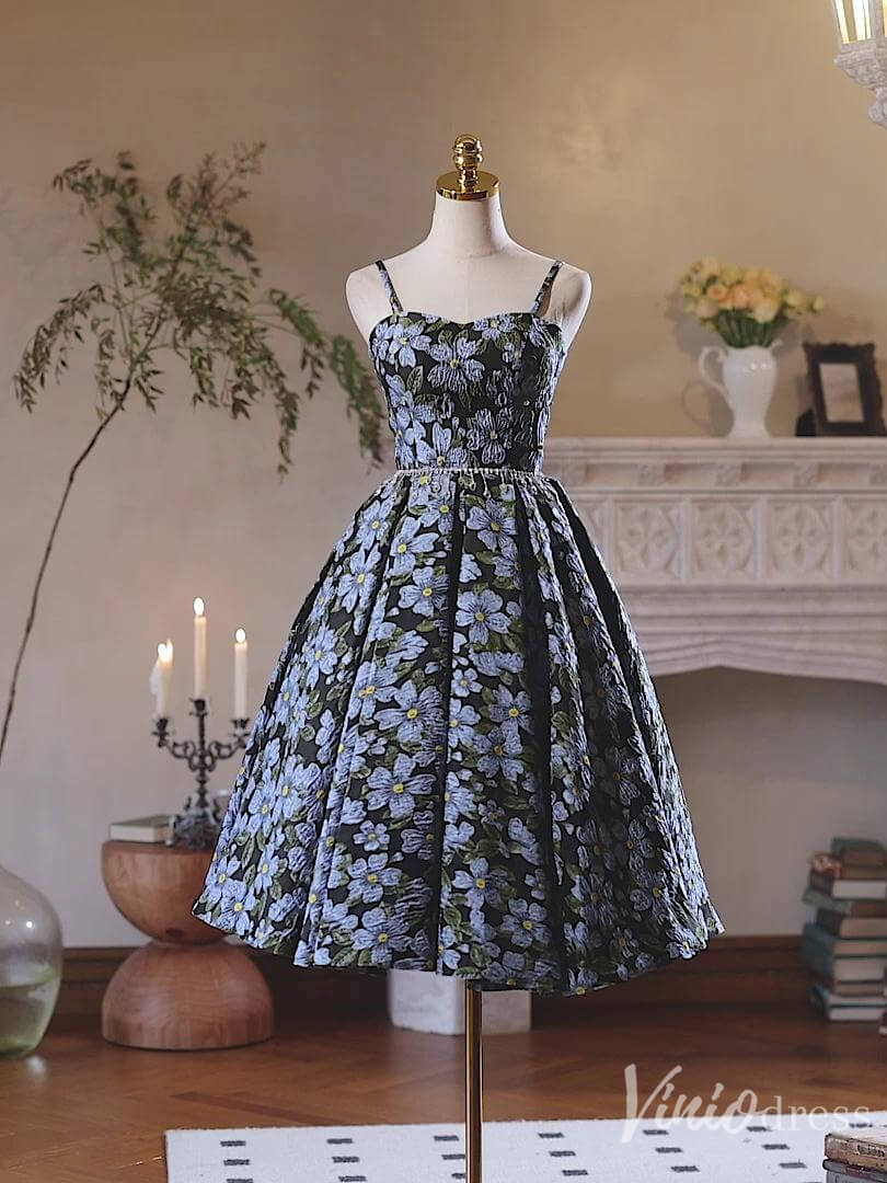 Blue Floral Print Homecoming Dress Spaghetti Strap Back to School Dress 8006-prom dresses-Viniodress-Viniodress